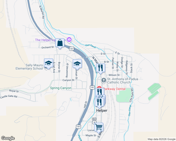 map of restaurants, bars, coffee shops, grocery stores, and more near 73 Garden Street in Helper