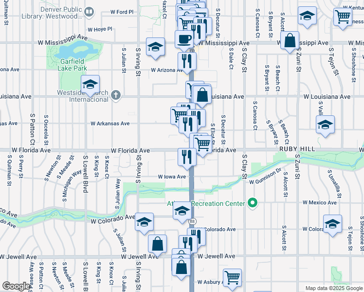 map of restaurants, bars, coffee shops, grocery stores, and more near 1445 South Federal Boulevard in Denver