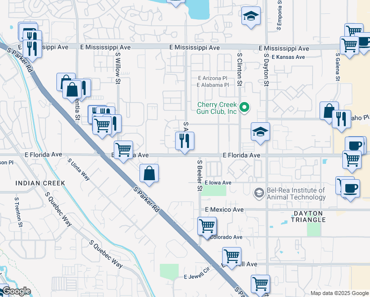 map of restaurants, bars, coffee shops, grocery stores, and more near 9095 East Florida Avenue in Denver