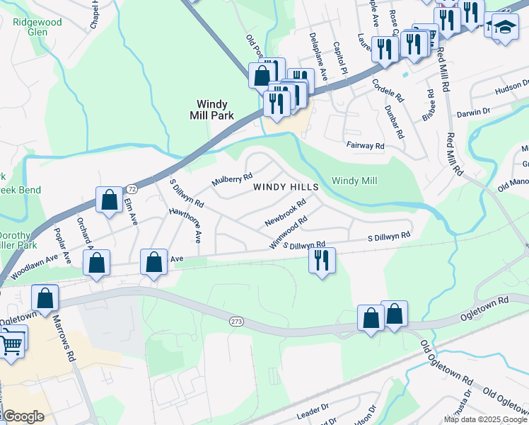 map of restaurants, bars, coffee shops, grocery stores, and more near 17 Hillcroft Road in Newark