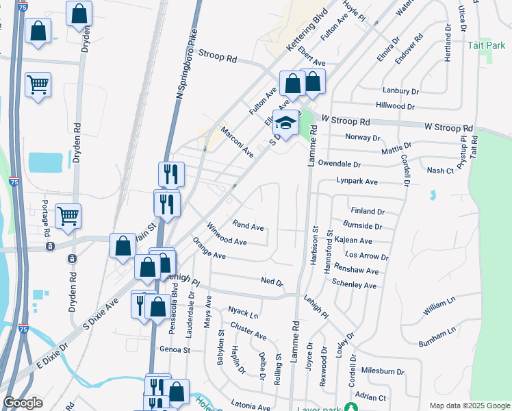 map of restaurants, bars, coffee shops, grocery stores, and more near 1013 Champion Oak Court in Dayton