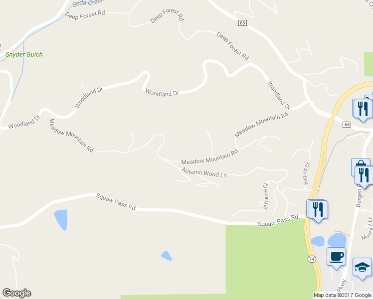 map of restaurants, bars, coffee shops, grocery stores, and more near 33001 Meadow Mountain Road in Evergreen