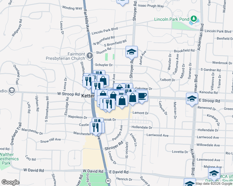 map of restaurants, bars, coffee shops, grocery stores, and more near 308 Oakview Drive in Dayton