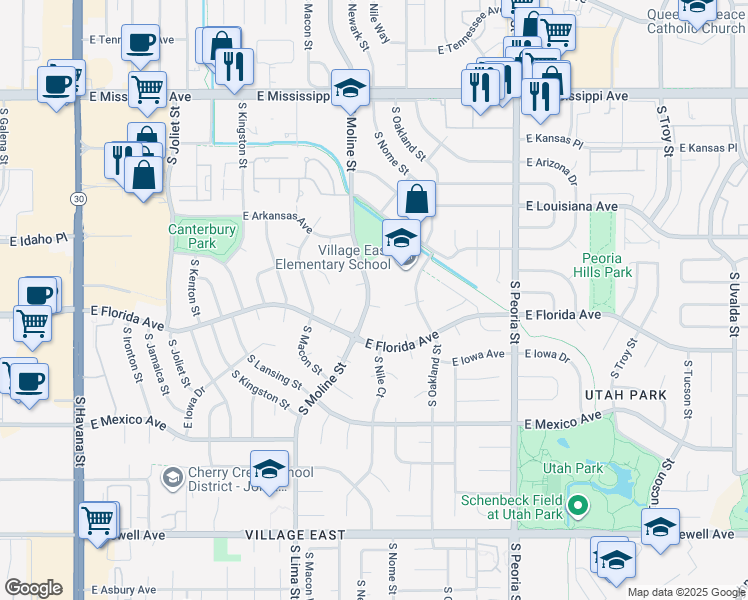 map of restaurants, bars, coffee shops, grocery stores, and more near 1456 South Moline Street in Aurora