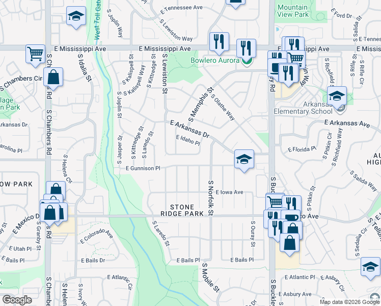 map of restaurants, bars, coffee shops, grocery stores, and more near 16363 East Carolina Drive in Aurora