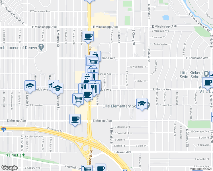 map of restaurants, bars, coffee shops, grocery stores, and more near 1470 South Ash Street in Denver