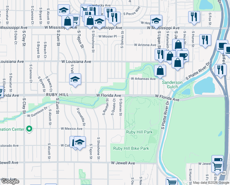 map of restaurants, bars, coffee shops, grocery stores, and more near 1725 West Florida Avenue in Denver
