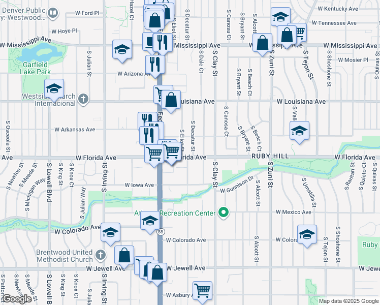 map of restaurants, bars, coffee shops, grocery stores, and more near 1465 South Decatur Street in Denver