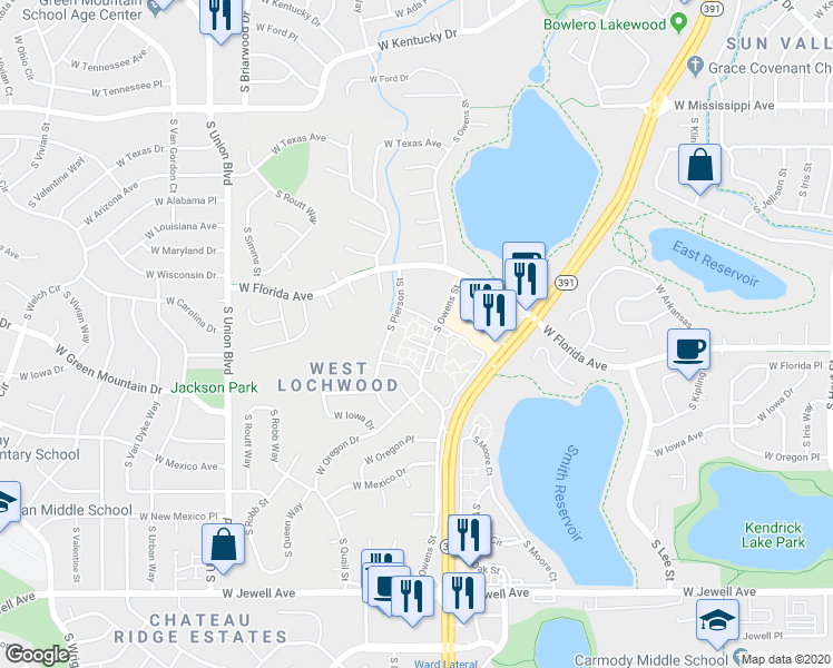 map of restaurants, bars, coffee shops, grocery stores, and more near 1478 South Pierson Street in Lakewood