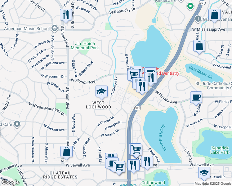 map of restaurants, bars, coffee shops, grocery stores, and more near 1478 South Pierson Street in Lakewood
