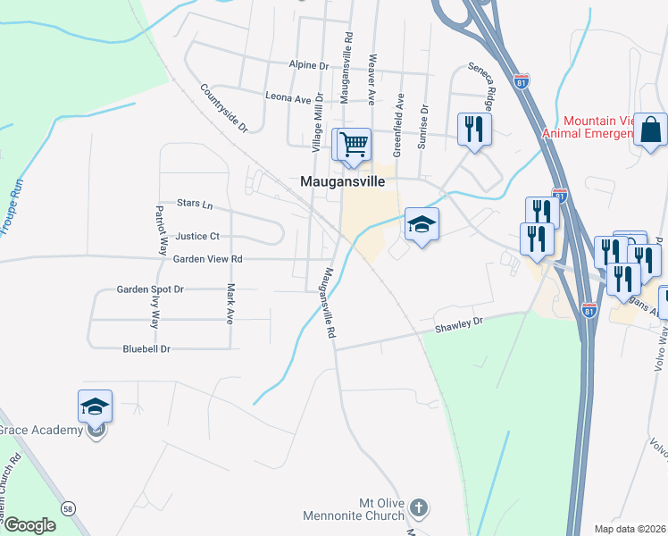 map of restaurants, bars, coffee shops, grocery stores, and more near 13643 Maugansville Road in Hagerstown
