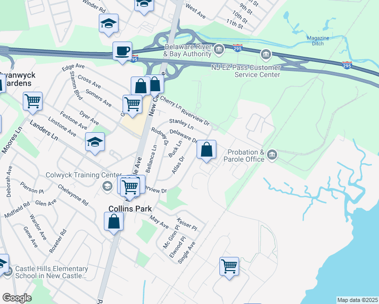 map of restaurants, bars, coffee shops, grocery stores, and more near 107 Atlas Drive in New Castle