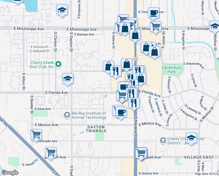 map of restaurants, bars, coffee shops, grocery stores, and more near 10151 East Carolina Drive in Aurora
