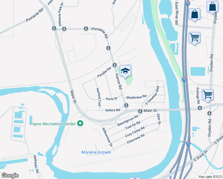 map of restaurants, bars, coffee shops, grocery stores, and more near 3924 Angus Lane in Moraine