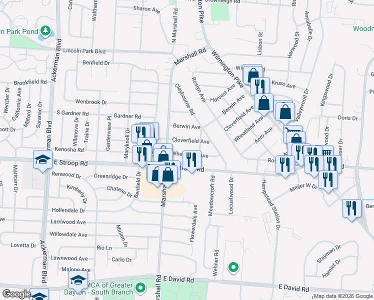 map of restaurants, bars, coffee shops, grocery stores, and more near 1333 Wheatland Avenue in Dayton