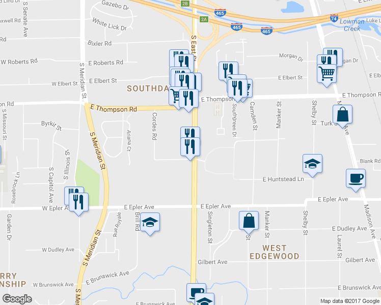 map of restaurants, bars, coffee shops, grocery stores, and more near 5250 S East St in Indianapolis