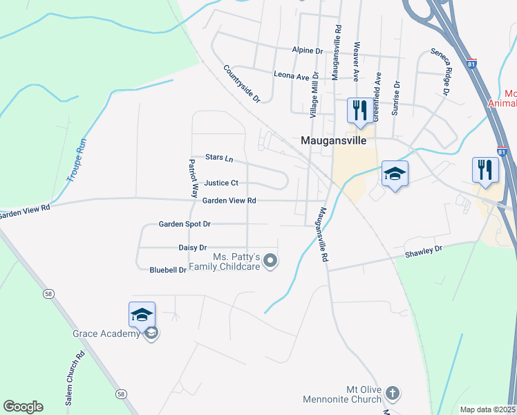 map of restaurants, bars, coffee shops, grocery stores, and more near 17907 Garden View Road in Hagerstown