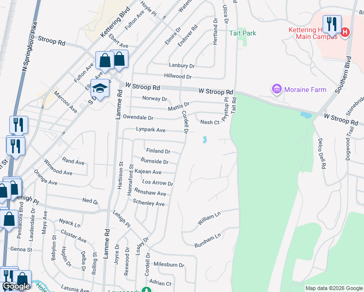 map of restaurants, bars, coffee shops, grocery stores, and more near 4273 Cordell Drive in Dayton