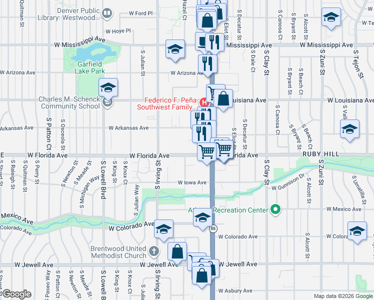 map of restaurants, bars, coffee shops, grocery stores, and more near 3145 West Florida Avenue in Denver
