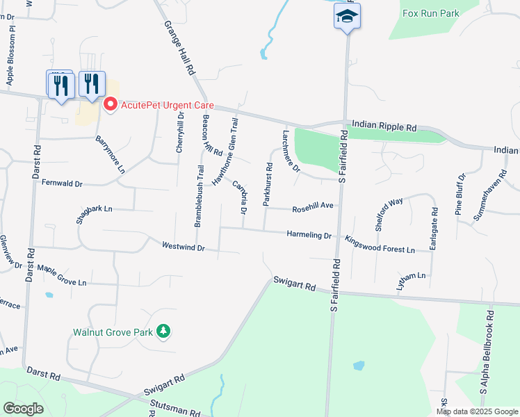 map of restaurants, bars, coffee shops, grocery stores, and more near 206 Cambria Drive in Dayton