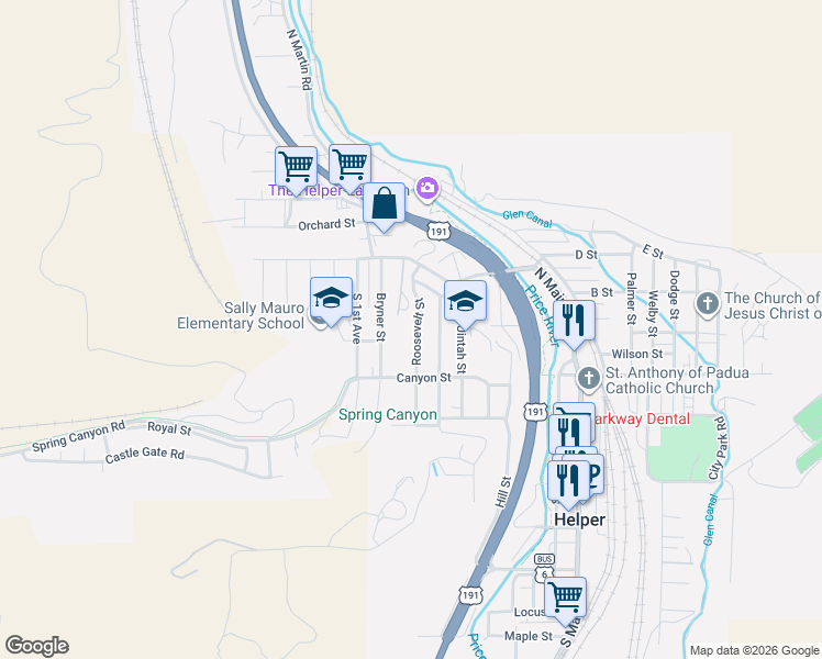 map of restaurants, bars, coffee shops, grocery stores, and more near 148 Roosevelt Street in Helper