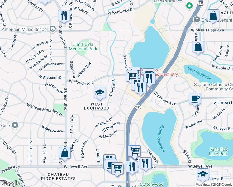 map of restaurants, bars, coffee shops, grocery stores, and more near 1478 South Pierson Street in Lakewood