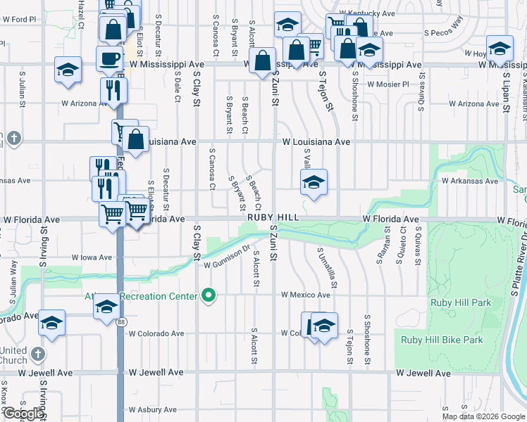 map of restaurants, bars, coffee shops, grocery stores, and more near 1486 South Beach Court in Denver
