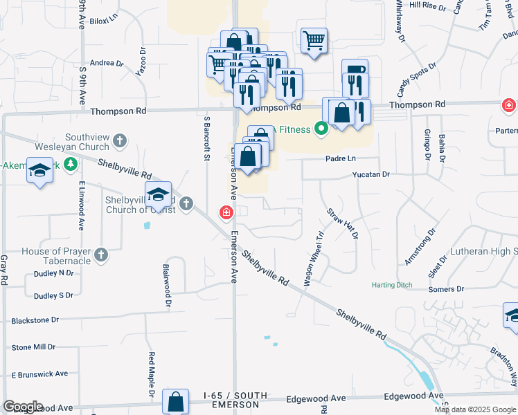 map of restaurants, bars, coffee shops, grocery stores, and more near 5167 Emerson Village Drive in Indianapolis