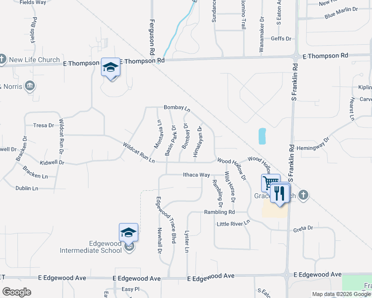 map of restaurants, bars, coffee shops, grocery stores, and more near 5412 Bombay Drive in Indianapolis
