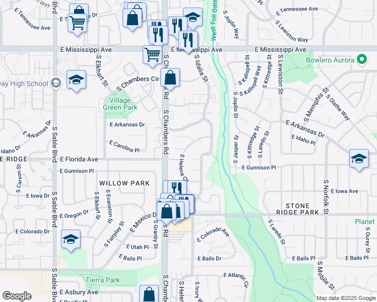 map of restaurants, bars, coffee shops, grocery stores, and more near 1474 South Helena Circle in Aurora