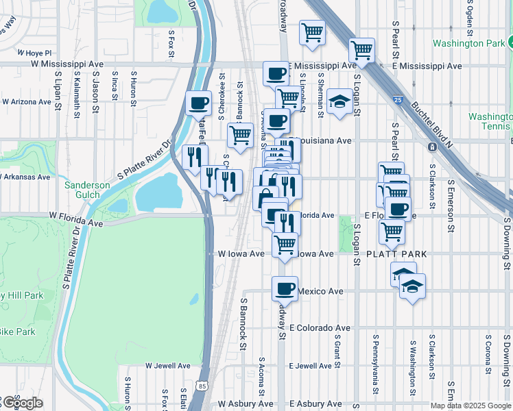 map of restaurants, bars, coffee shops, grocery stores, and more near 1475 South Acoma Street in Denver