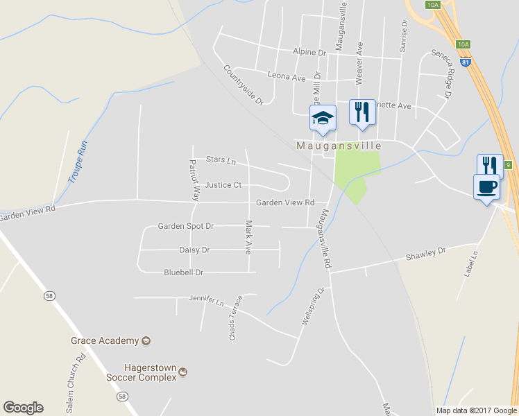 map of restaurants, bars, coffee shops, grocery stores, and more near 17907 Garden View Road in Hagerstown