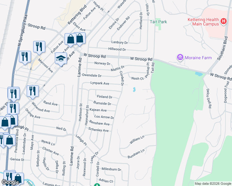 map of restaurants, bars, coffee shops, grocery stores, and more near 4273 Cordell Drive in Dayton