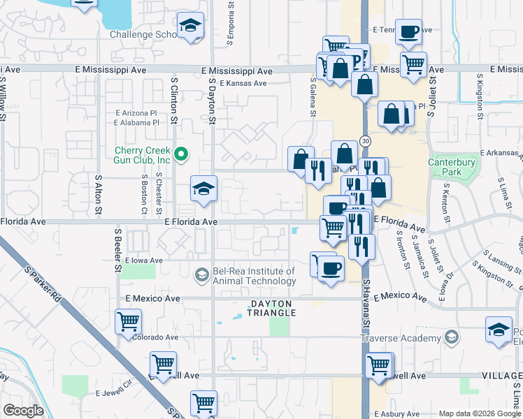 map of restaurants, bars, coffee shops, grocery stores, and more near 9913 East Carolina Circle in Denver