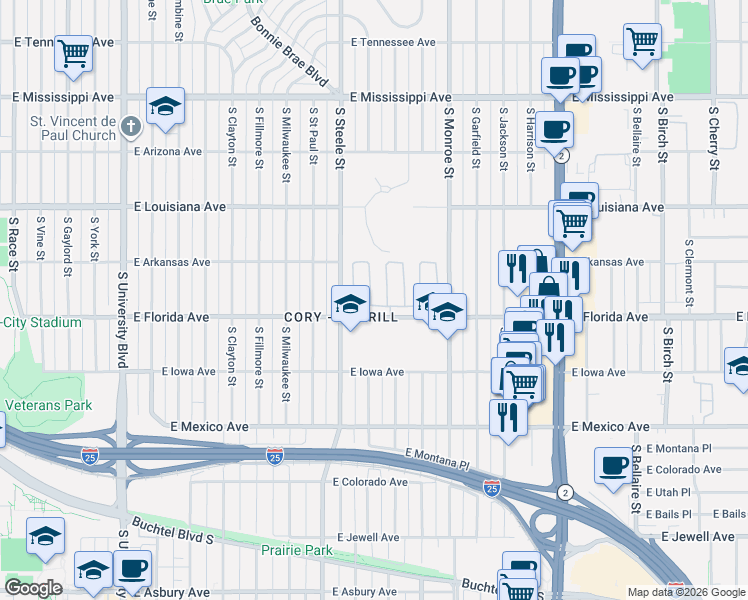 map of restaurants, bars, coffee shops, grocery stores, and more near 3201 East Florida Avenue in Denver