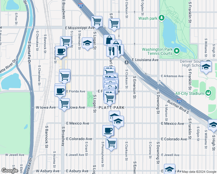 map of restaurants, bars, coffee shops, grocery stores, and more near 1527 South Pearl Street in Denver