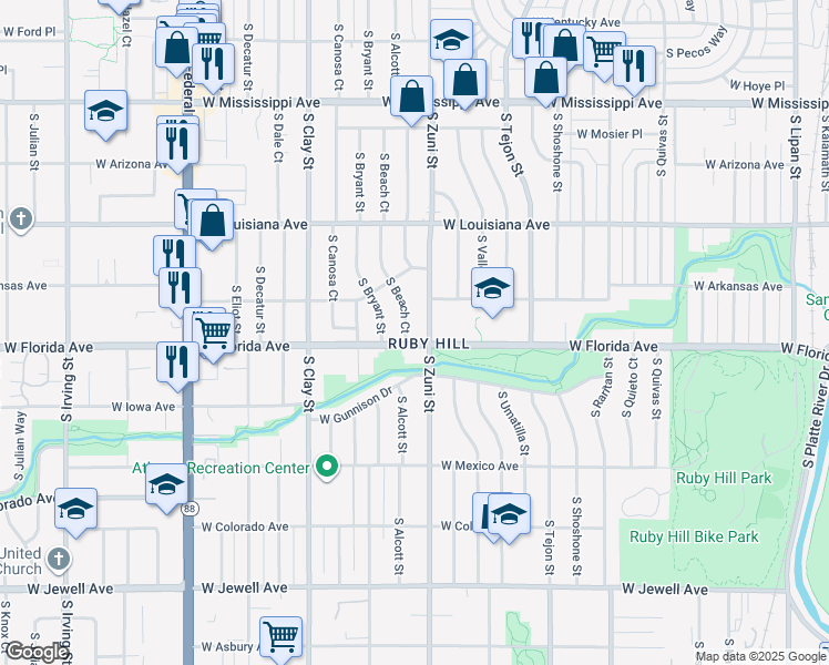 map of restaurants, bars, coffee shops, grocery stores, and more near 1486 South Beach Court in Denver