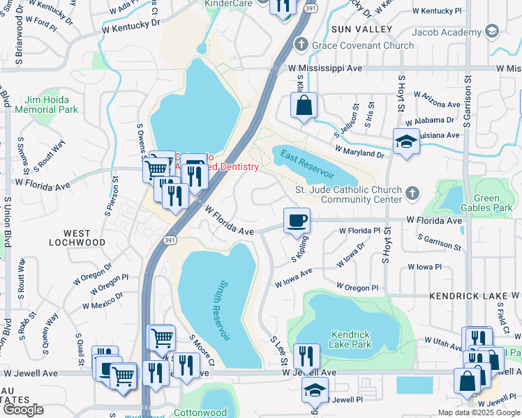 map of restaurants, bars, coffee shops, grocery stores, and more near 1476 South Lee Court in Lakewood