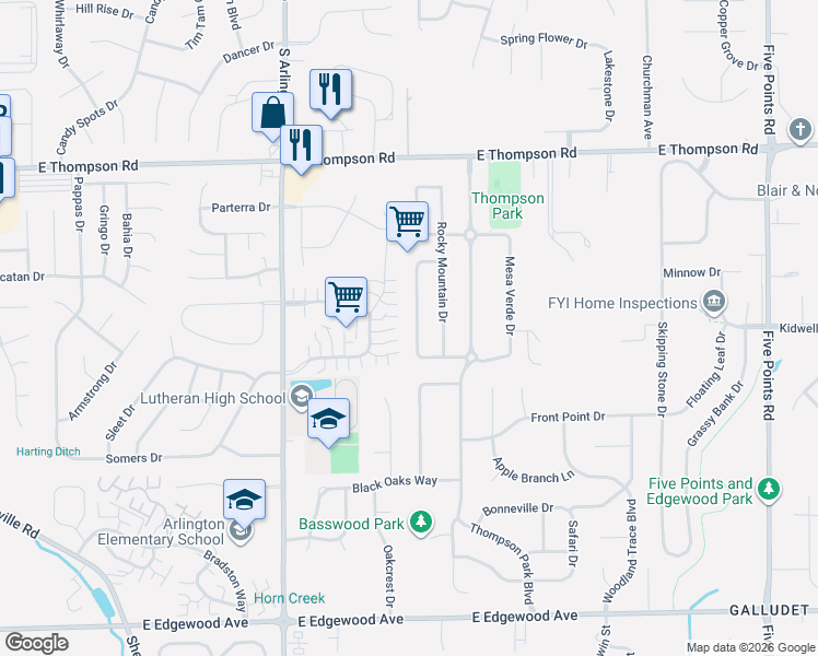 map of restaurants, bars, coffee shops, grocery stores, and more near 5335 Waterton Lakes Drive in Indianapolis