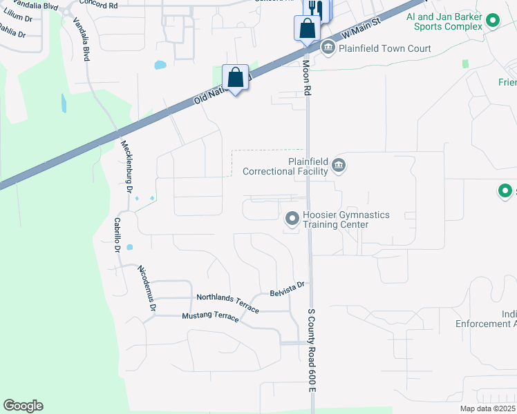 map of restaurants, bars, coffee shops, grocery stores, and more near 5865 Sugar Lane in Plainfield