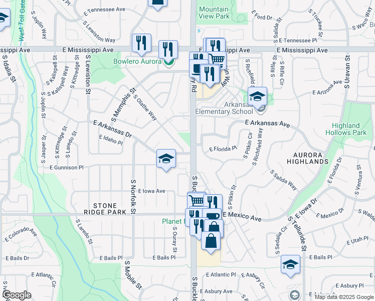 map of restaurants, bars, coffee shops, grocery stores, and more near 1494 South Olathe Way in Aurora
