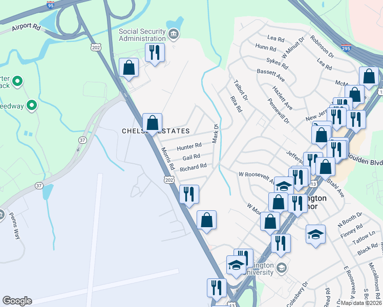 map of restaurants, bars, coffee shops, grocery stores, and more near 19 Gail Road in Wilmington Manor