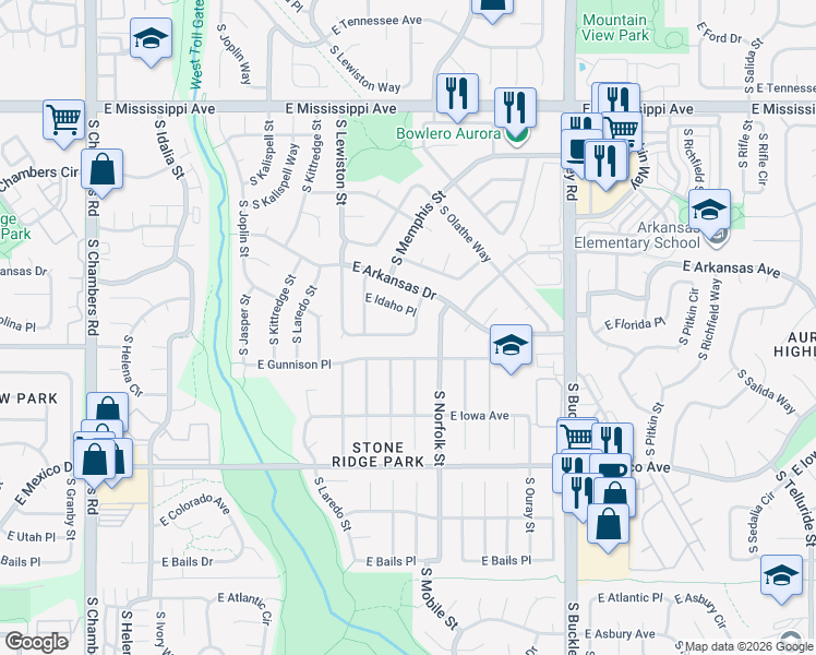 map of restaurants, bars, coffee shops, grocery stores, and more near 16363 East Carolina Drive in Aurora