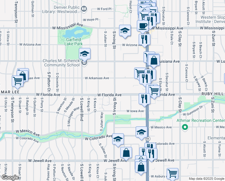 map of restaurants, bars, coffee shops, grocery stores, and more near 1475 South Irving Street in Denver