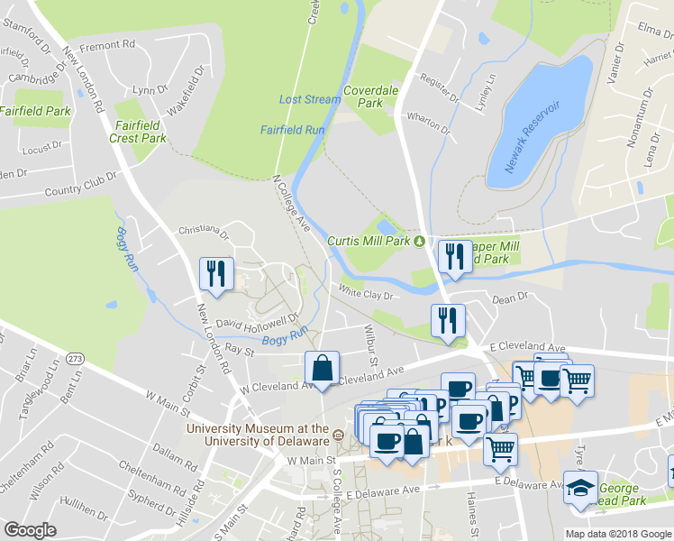 map of restaurants, bars, coffee shops, grocery stores, and more near 405 North College Avenue in Newark