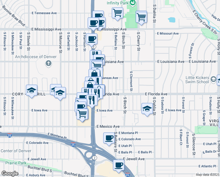 map of restaurants, bars, coffee shops, grocery stores, and more near 1470 South Ash Street in Denver