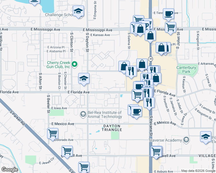 map of restaurants, bars, coffee shops, grocery stores, and more near 9913 East Carolina Circle in Denver