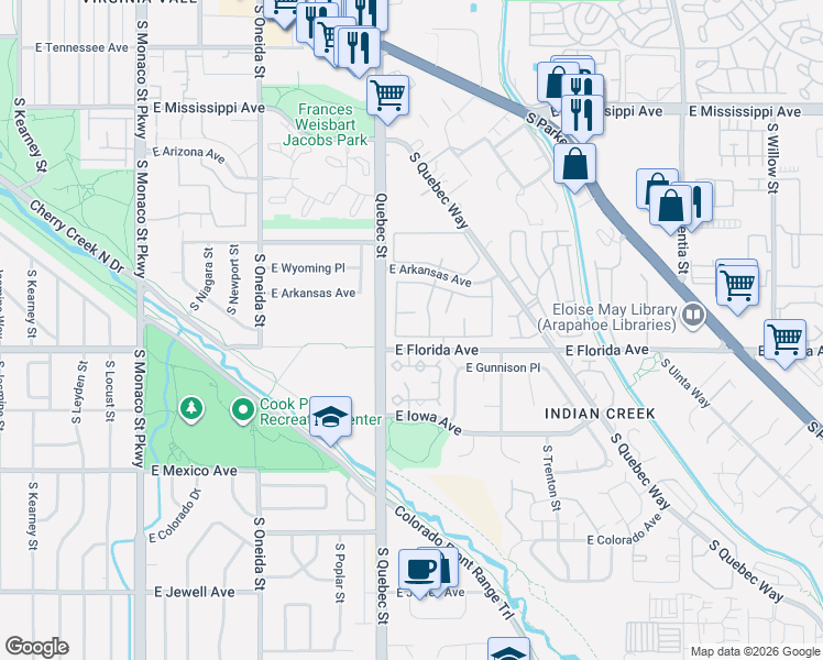 map of restaurants, bars, coffee shops, grocery stores, and more near 7474 East Arkansas Avenue in Denver