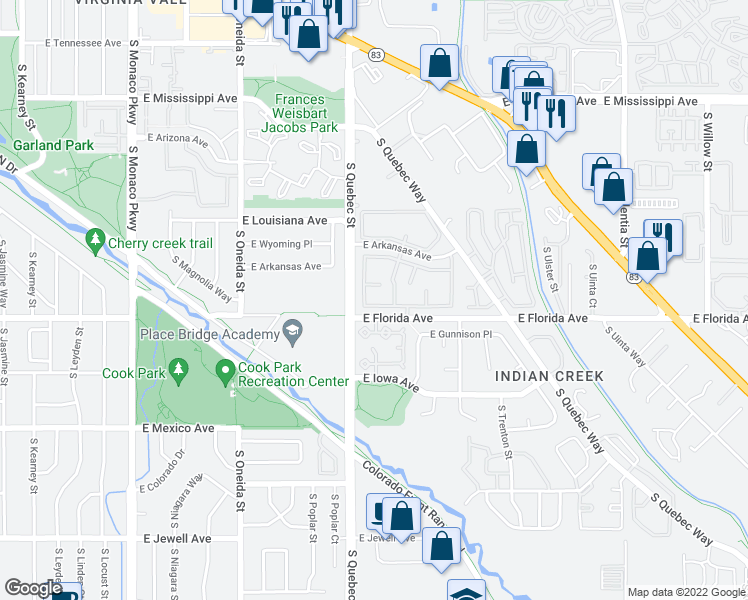 map of restaurants, bars, coffee shops, grocery stores, and more near 7474 East Arkansas Avenue in Denver