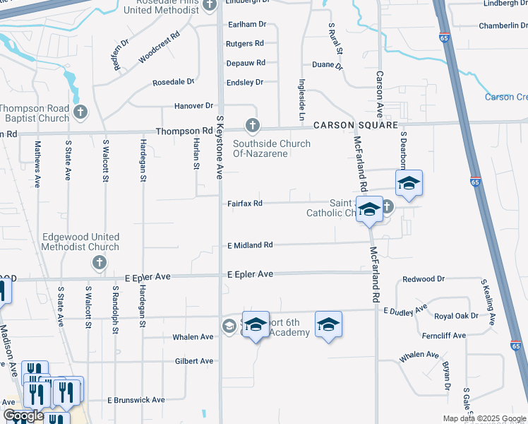 map of restaurants, bars, coffee shops, grocery stores, and more near 2543 Fairfax Road in Indianapolis